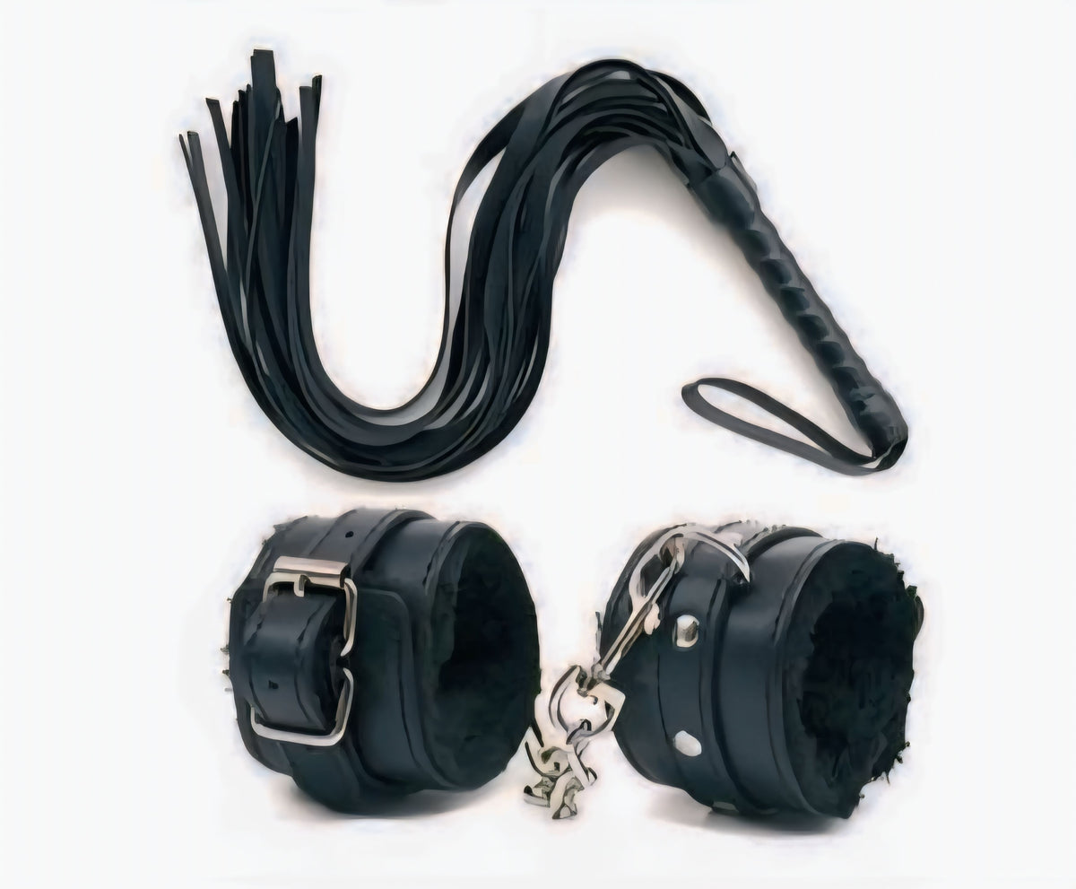 Red & Black Passion Restraint Cuffs & Whip Set