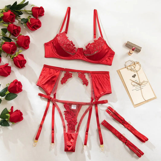 Scarlet Desire 4-Piece Satin & Lace Lingerie Set