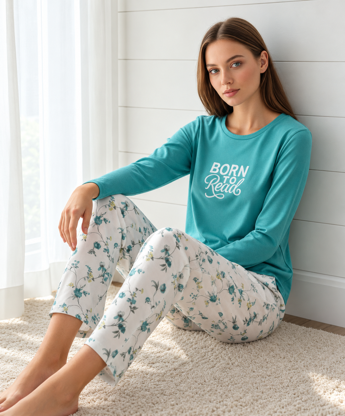 Born to Read Floral Pajama Set – Teal