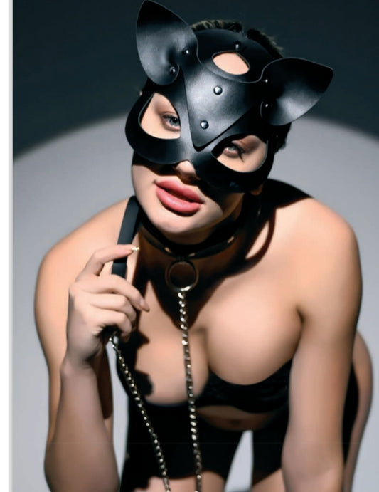 Midnight Cat Faux Leather Mask with Chain – Black
